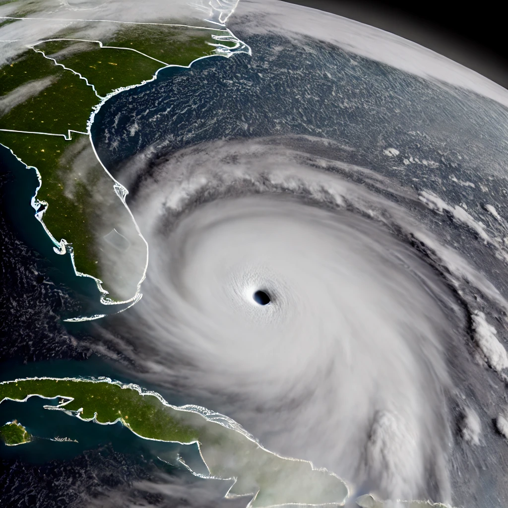 Imagen del huracán Milton visto desde el satélite, mostrando la enorme masa de nubes acercándose a la costa de Florida, con vientos destructivos y fuertes lluvias.